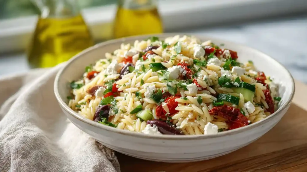 Refreshing Orzo Pasta Salad With Feta And Sun Dried Tomatoes